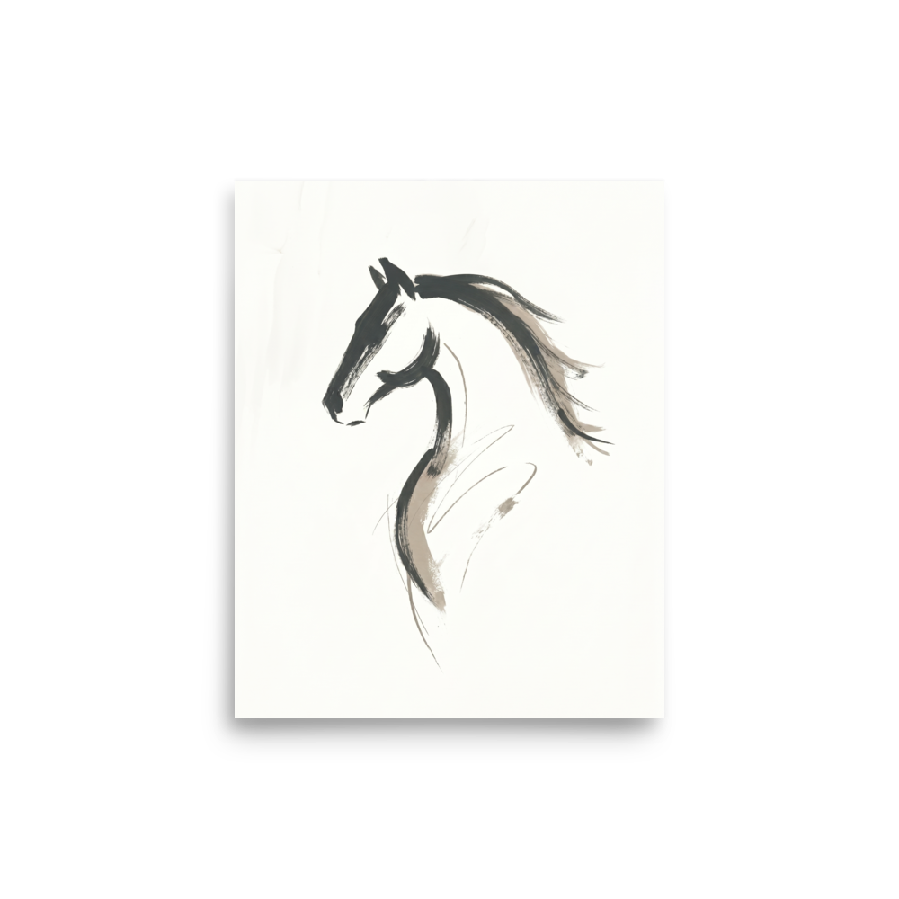 'Equine Spirit' — a Minimalism print. A bold minimalist ink sketch of a horse's profile in black and grey on a white background, perfect for an elegant living room.