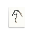 'Equine Spirit' — a Minimalism print. A bold minimalist ink sketch of a horse's profile in black and grey on a white background, perfect for an elegant living room.