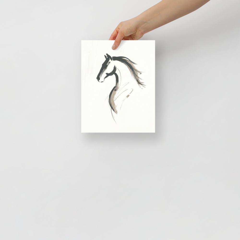 'Equine Spirit' — a Minimalism print. A bold minimalist ink sketch of a horse's profile in black and grey on a white background, perfect for an elegant living room.