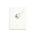 'Whispering Wishes' — a Minimalism print. A delicate black and white ink drawing of a dandelion with its seeds blowing away in the wind, perfect for a peaceful bedroom or nursery.