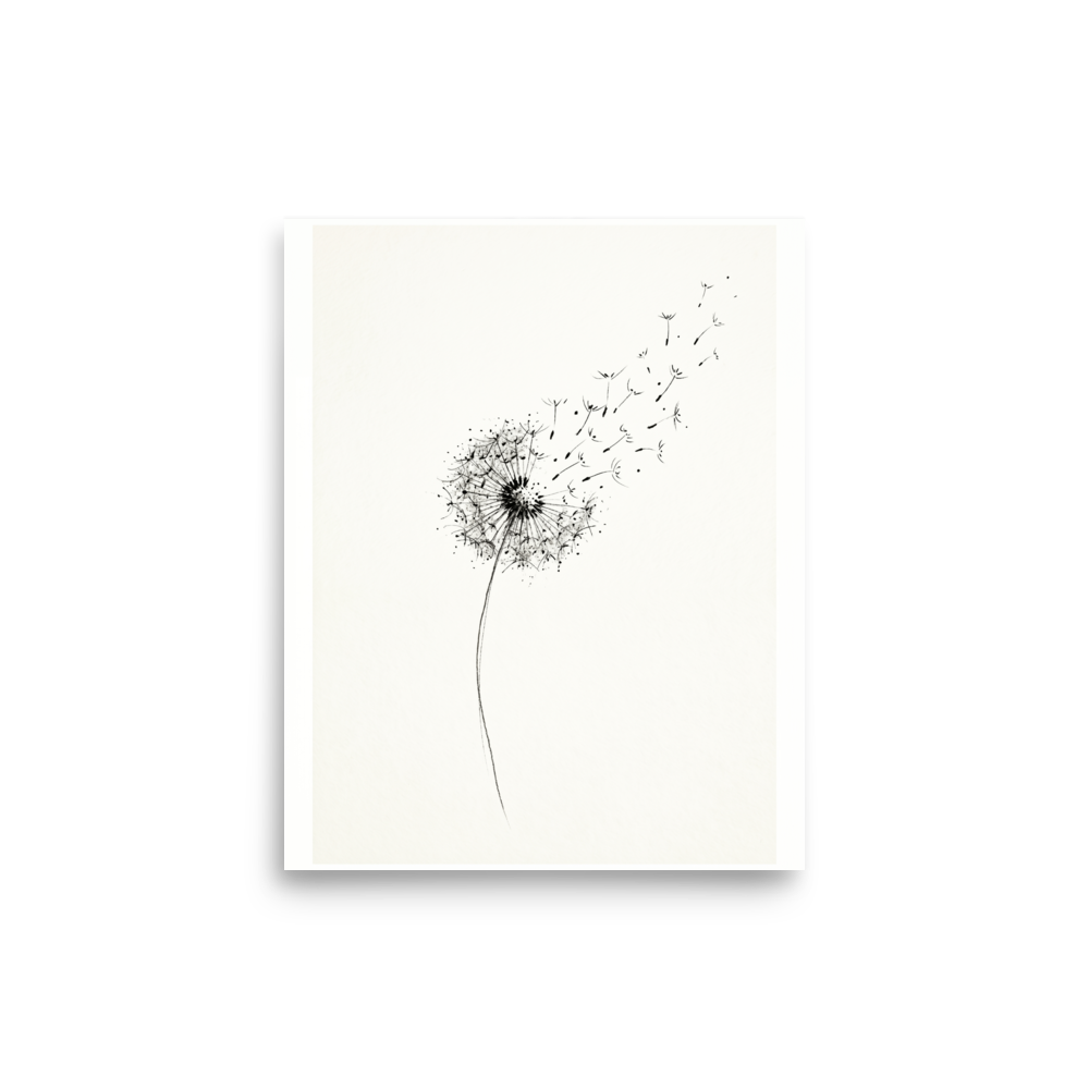 'Whispering Wishes' — a Minimalism print. A delicate black and white ink drawing of a dandelion with its seeds blowing away in the wind, perfect for a peaceful bedroom or nursery.