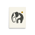 'Elephant under the Golden Sun' — a Minimalism print. A minimalist illustration of an elephant silhouette in grey brushstrokes with a golden sun on a light beige background, perfect for a nursery or living room.