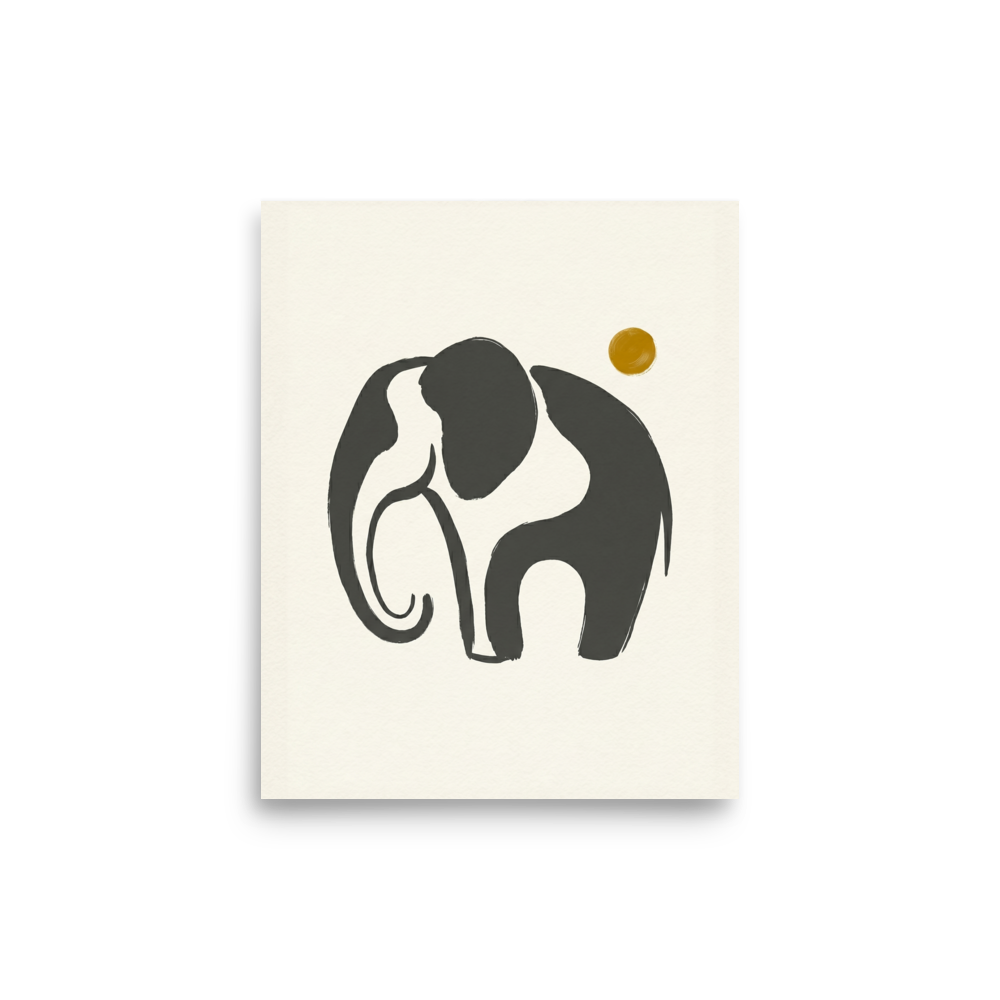 'Elephant under the Golden Sun' — a Minimalism print. A minimalist illustration of an elephant silhouette in grey brushstrokes with a golden sun on a light beige background, perfect for a nursery or living room.