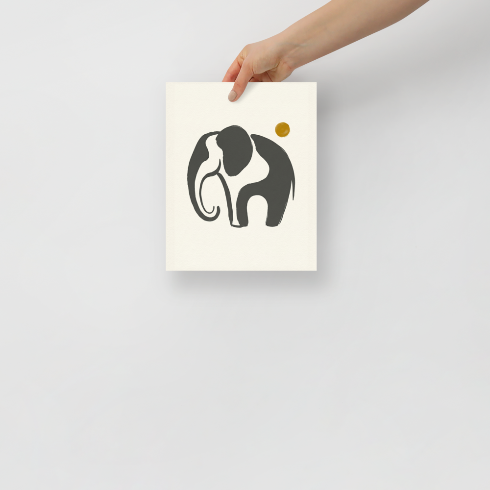'Elephant under the Golden Sun' — a Minimalism print. A minimalist illustration of an elephant silhouette in grey brushstrokes with a golden sun on a light beige background, perfect for a nursery or living room.