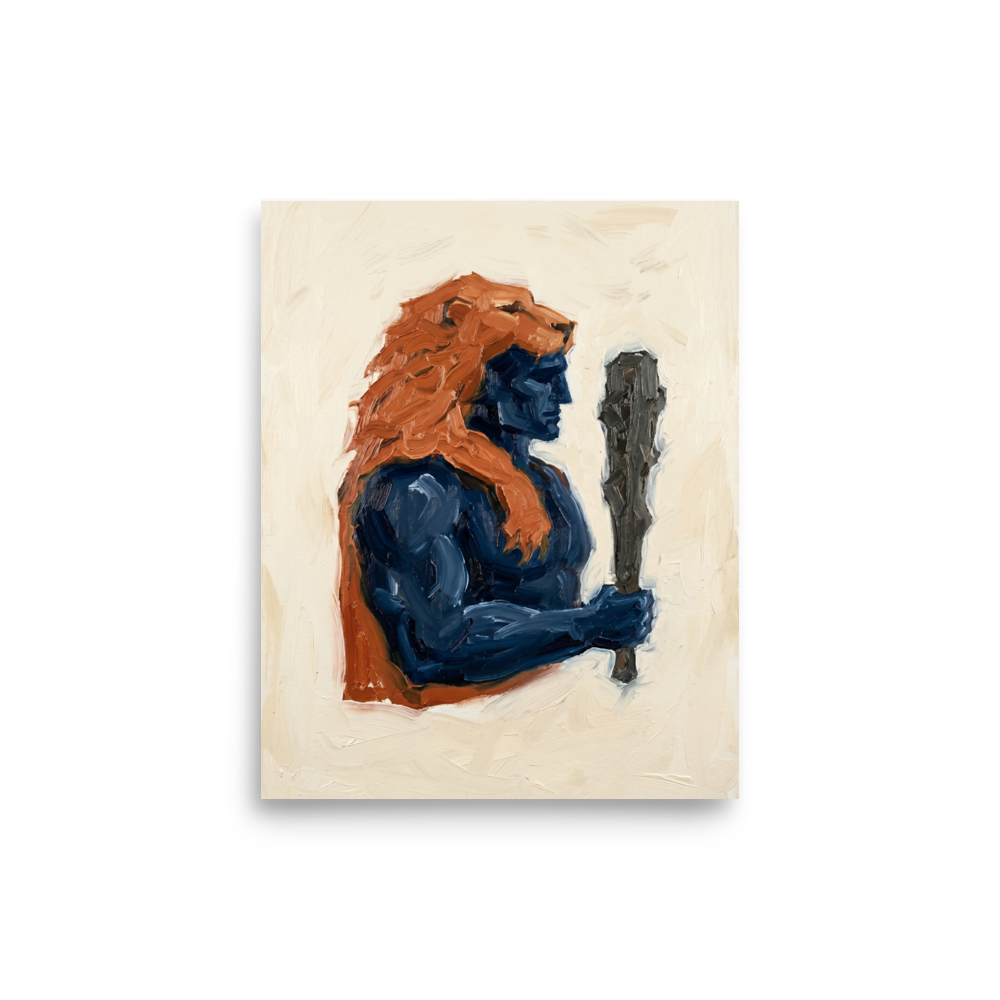 'Hercules's Mantle' — a Neo-expressionism,Figurative art print. An expressive, impasto painting of a blue mythological figure wearing an orange lion skin and holding a club, perfect for a bold living room or office.