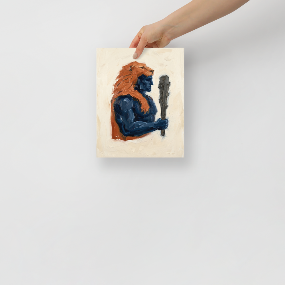 'Hercules's Mantle' — a Neo-expressionism,Figurative art print. An expressive, impasto painting of a blue mythological figure wearing an orange lion skin and holding a club, perfect for a bold living room or office.