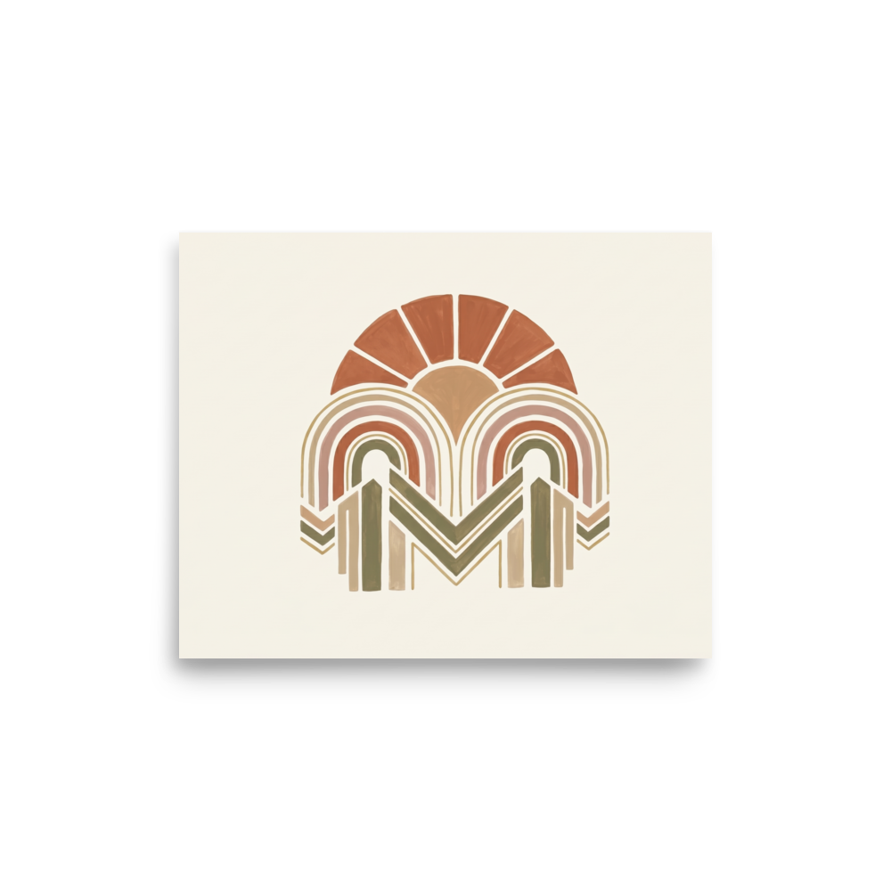 'Earthy Arches' — a Geometric abstract art print. A geometric bohemian abstract painting featuring arches and sun rays in earthy terracotta, beige, and olive green, perfect for a cozy living room.