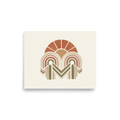 'Earthy Arches' — a Geometric abstract art print. A geometric bohemian abstract painting featuring arches and sun rays in earthy terracotta, beige, and olive green, perfect for a cozy living room.