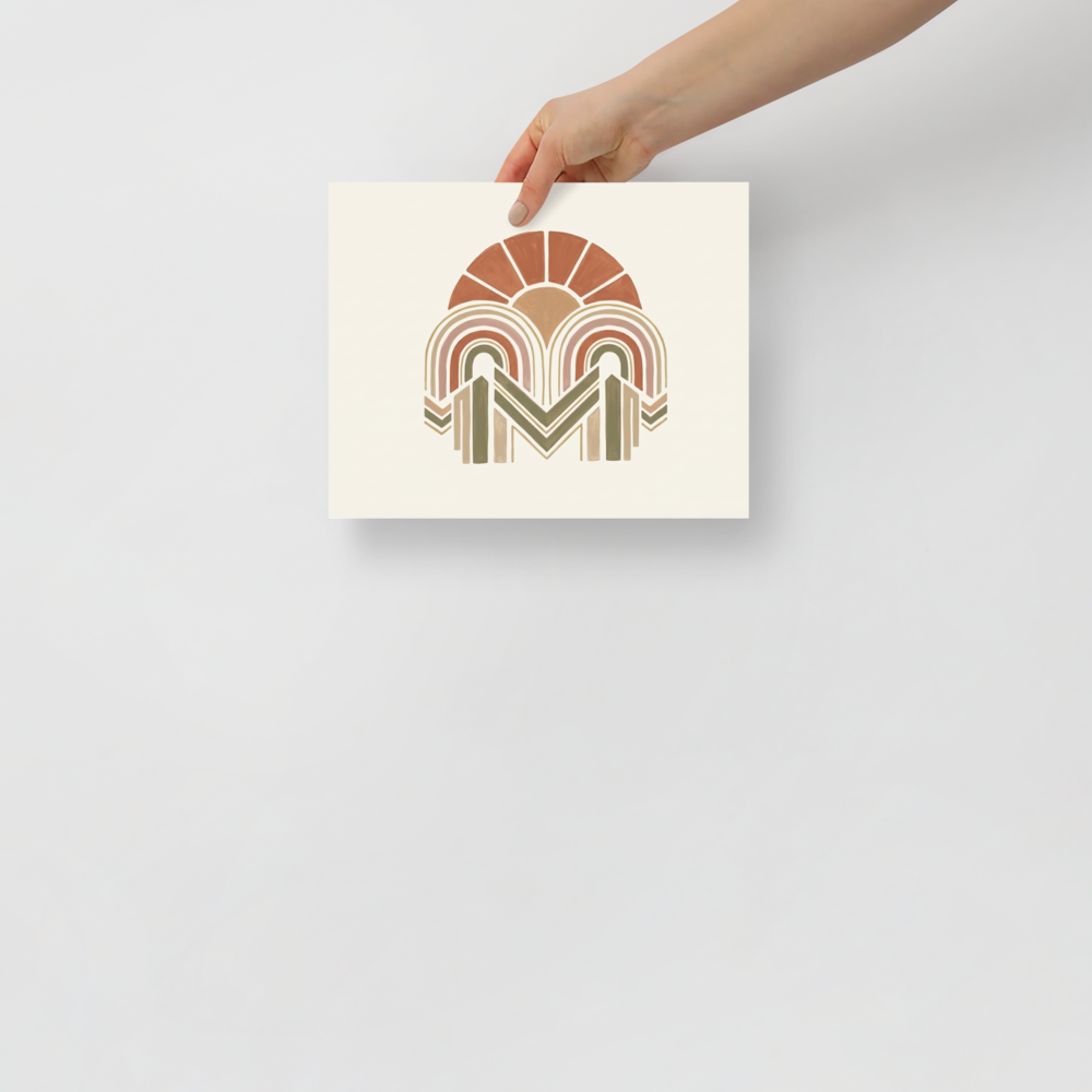 'Earthy Arches' — a Geometric abstract art print. A geometric bohemian abstract painting featuring arches and sun rays in earthy terracotta, beige, and olive green, perfect for a cozy living room.