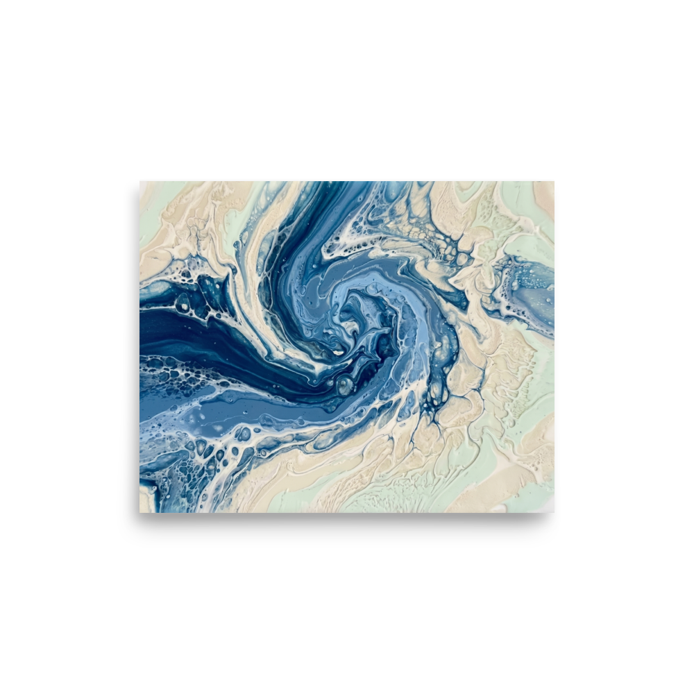 'Ocean Whirlpool' — a Abstract art print. A calming blue and white fluid abstract artwork resembling an ocean wave, perfect for a Bathroom.
