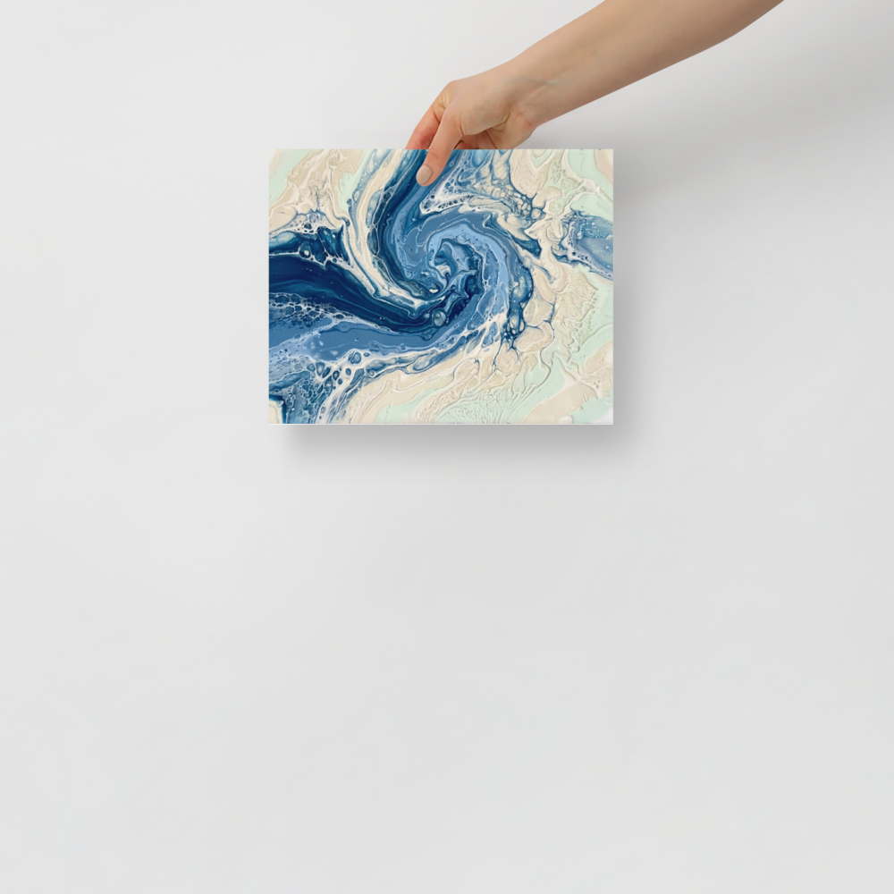 'Ocean Whirlpool' — a Abstract art print. A calming blue and white fluid abstract artwork resembling an ocean wave, perfect for a Bathroom.