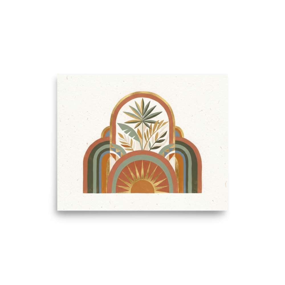 'Golden Archway Oasis' — a Minimalism,Geometric abstract art print. An abstract geometric design featuring arches, tropical leaves, and a golden sunburst on a textured background, perfect for a cozy Bedroom.