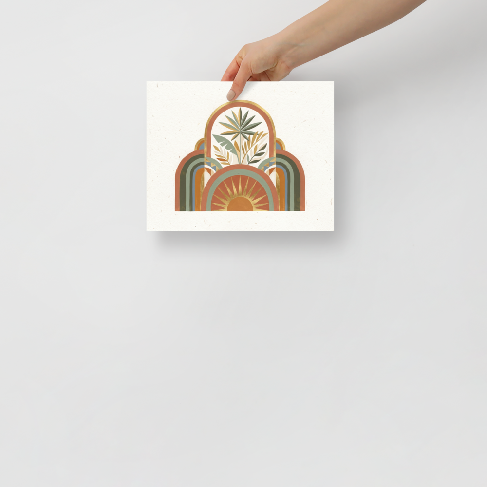 'Golden Archway Oasis' — a Minimalism,Geometric abstract art print. An abstract geometric design featuring arches, tropical leaves, and a golden sunburst on a textured background, perfect for a cozy Bedroom.