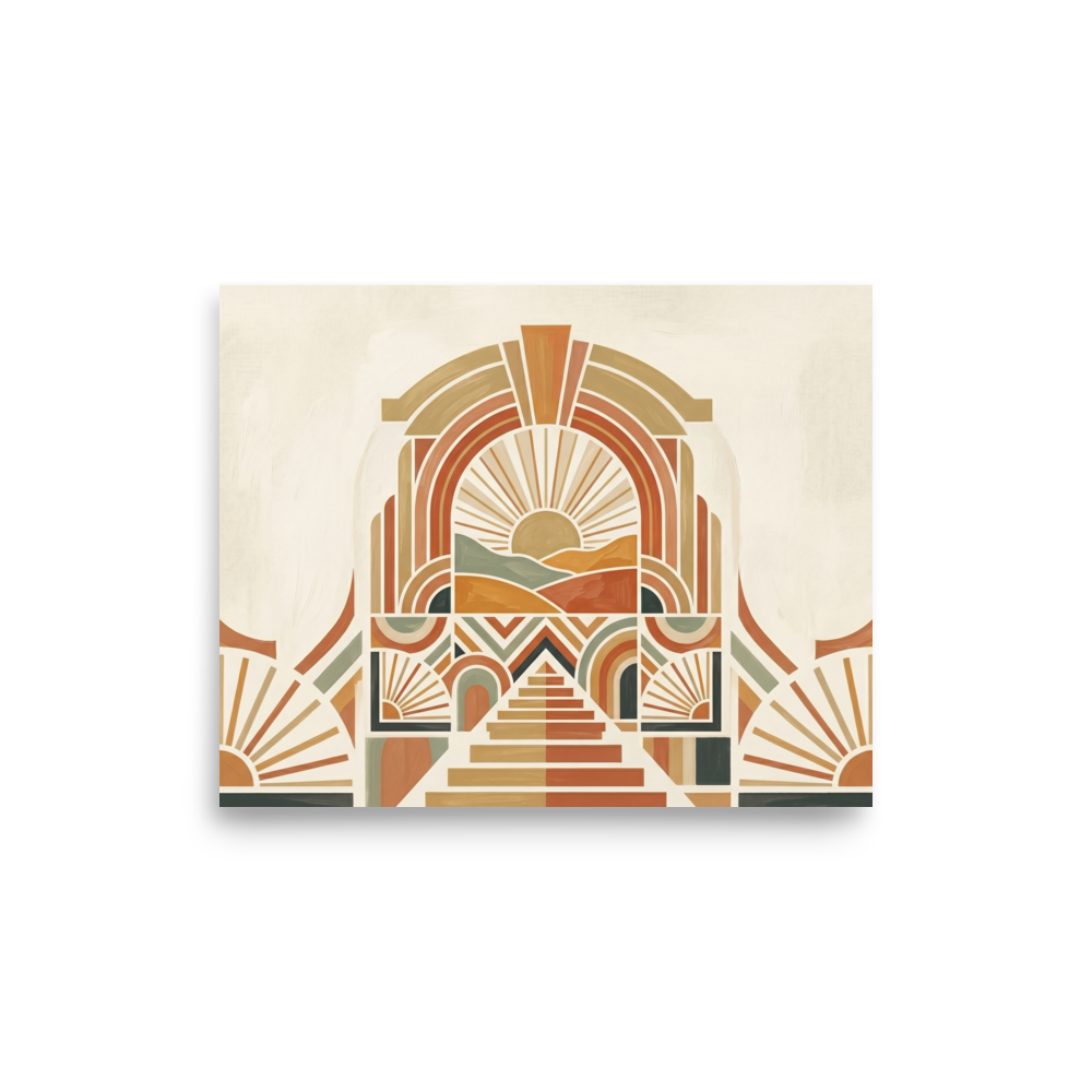 'Art Deco Desert Sunrise' — a Art Deco,Geometric abstract art print. An Art Deco geometric landscape with a rising sun, rolling hills, and intricate stepped architecture in warm earthy tones, ideal for a Living Room.