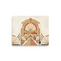 'Art Deco Desert Sunrise' — a Art Deco,Geometric abstract art print. An Art Deco geometric landscape with a rising sun, rolling hills, and intricate stepped architecture in warm earthy tones, ideal for a Living Room.