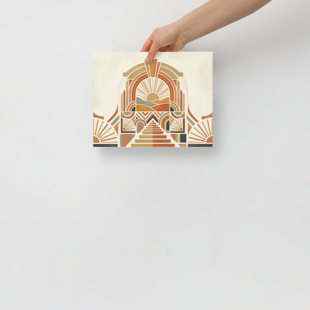 'Art Deco Desert Sunrise' — a Art Deco,Geometric abstract art print. An Art Deco geometric landscape with a rising sun, rolling hills, and intricate stepped architecture in warm earthy tones, ideal for a Living Room.