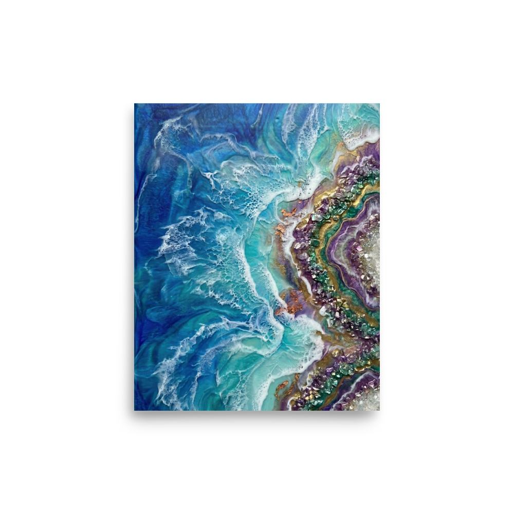 'Crystal Coast' — a Abstract art print. A vibrant blue ocean wave crashing against a purple geode crystal shore, perfect for a Bathroom.