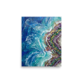 'Crystal Coast' — a Abstract art print. A vibrant blue ocean wave crashing against a purple geode crystal shore, perfect for a Bathroom.
