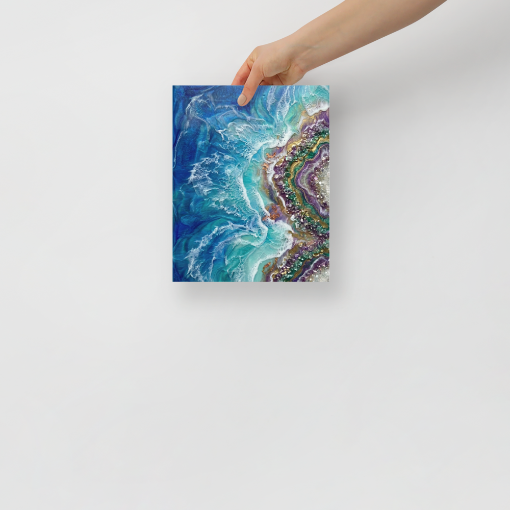 'Crystal Coast' — a Abstract art print. A vibrant blue ocean wave crashing against a purple geode crystal shore, perfect for a Bathroom.