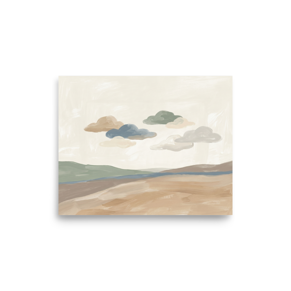 'Whispering Horizons' — a Minimalism print. A minimalist painted landscape with soft rolling hills and stylized clouds in muted earthy tones, perfect for a calming Bedroom or Nursery.