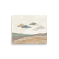 'Whispering Horizons' — a Minimalism print. A minimalist painted landscape with soft rolling hills and stylized clouds in muted earthy tones, perfect for a calming Bedroom or Nursery.