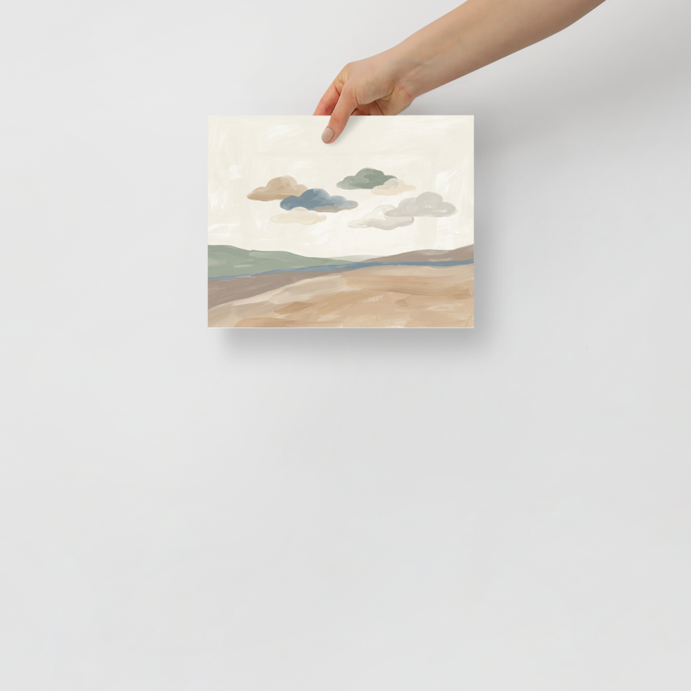 'Whispering Horizons' — a Minimalism print. A minimalist painted landscape with soft rolling hills and stylized clouds in muted earthy tones, perfect for a calming Bedroom or Nursery.