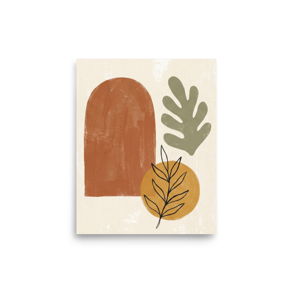 'Botanical Geometry in Earth Tones' — a Minimalism,Abstract art print. Minimalist abstract wall art featuring a terracotta arch, sage green leaf, and a golden circle with black line-art botanical details, perfect for a modern Living Room.