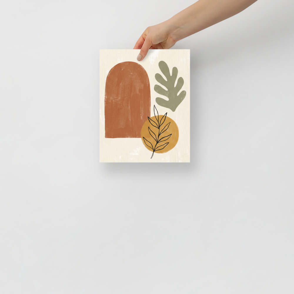 'Botanical Geometry in Earth Tones' — a Minimalism,Abstract art print. Minimalist abstract wall art featuring a terracotta arch, sage green leaf, and a golden circle with black line-art botanical details, perfect for a modern Living Room.