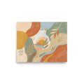 'Painted Sunset Oasis' — a Abstract expressionism,Minimalism print. An abstract painting featuring organic shapes, foliage, and a sunset in terracotta, sage green, and light blue tones, ideal for a Bedroom.