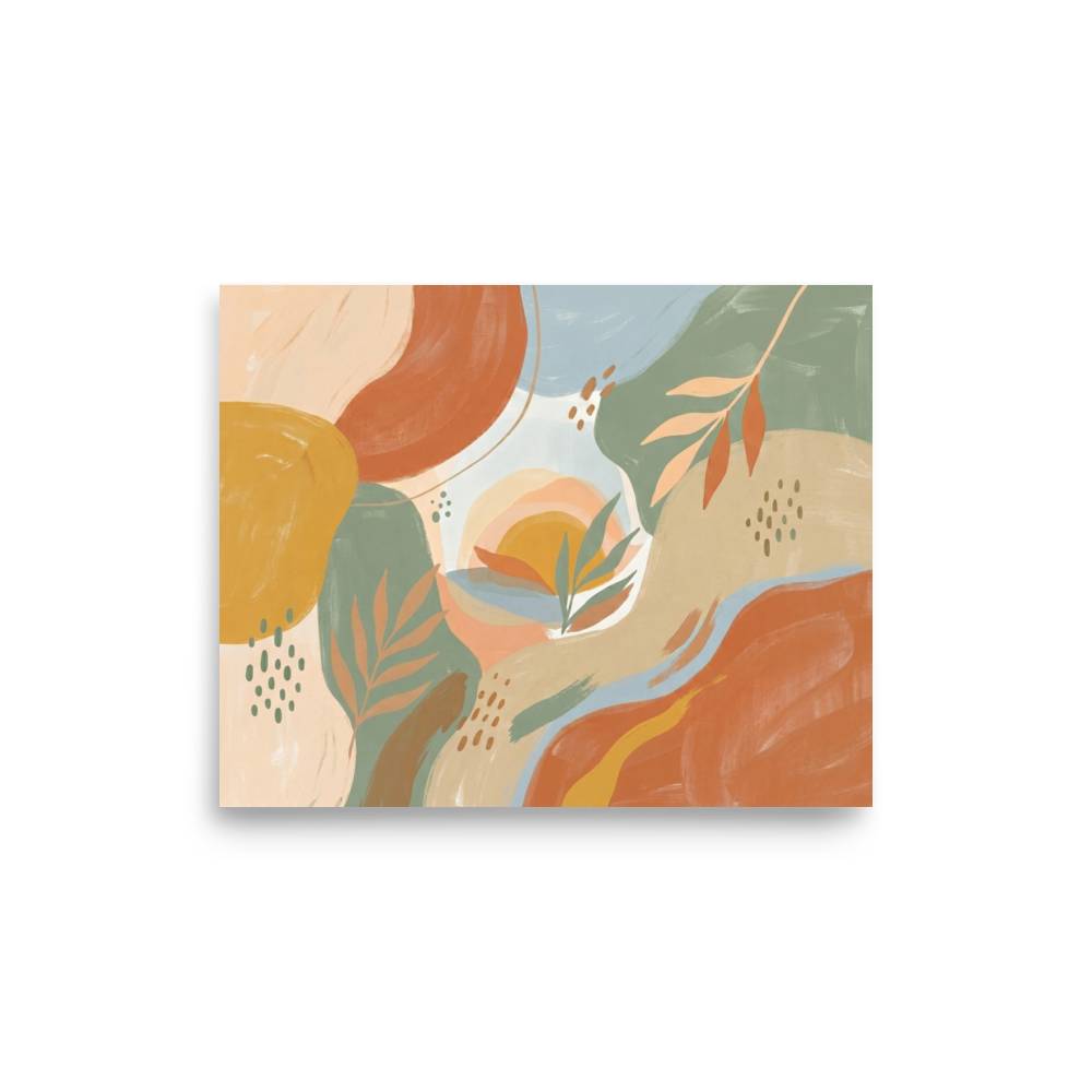 'Painted Sunset Oasis' — a Abstract expressionism,Minimalism print. An abstract painting featuring organic shapes, foliage, and a sunset in terracotta, sage green, and light blue tones, ideal for a Bedroom.
