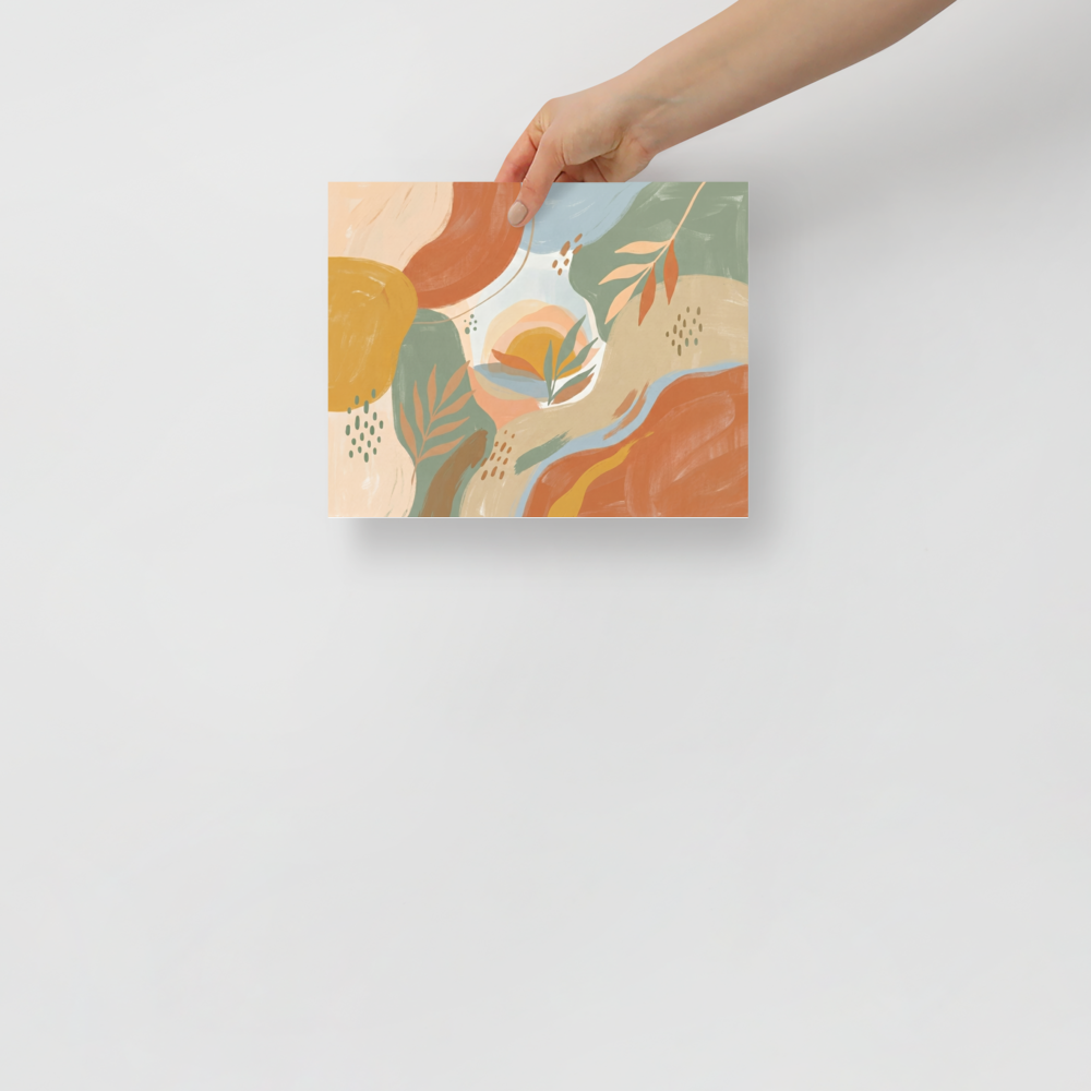 'Painted Sunset Oasis' — a Abstract expressionism,Minimalism print. An abstract painting featuring organic shapes, foliage, and a sunset in terracotta, sage green, and light blue tones, ideal for a Bedroom.