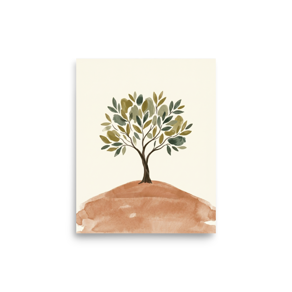 'Solitary Olive Tree' — a Minimalism print. A minimalist watercolor painting of a solitary tree with olive green leaves standing on a soft brown hill, perfect for a peaceful Nursery or Bedroom.