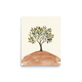 'Solitary Olive Tree' — a Minimalism print. A minimalist watercolor painting of a solitary tree with olive green leaves standing on a soft brown hill, perfect for a peaceful Nursery or Bedroom.