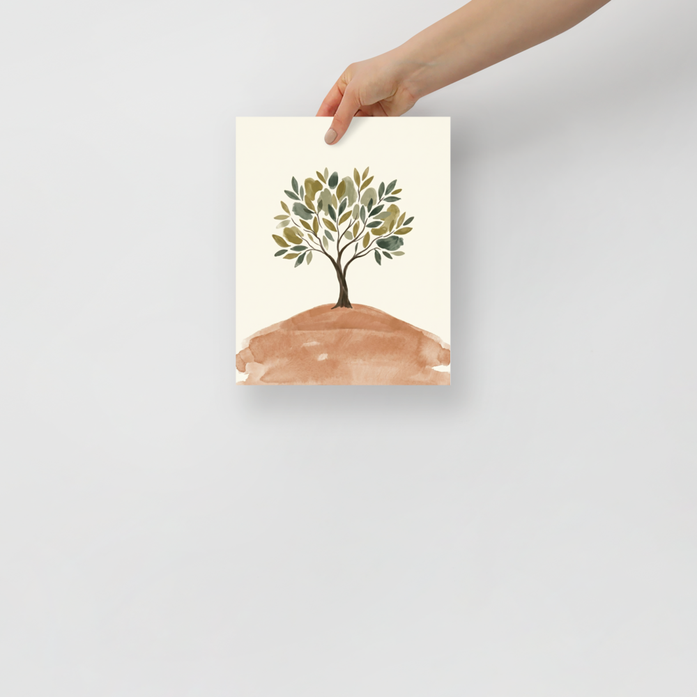 'Solitary Olive Tree' — a Minimalism print. A minimalist watercolor painting of a solitary tree with olive green leaves standing on a soft brown hill, perfect for a peaceful Nursery or Bedroom.