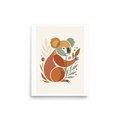 'Geometric Koala Bear' — a Minimalism,Abstract art print. An abstract, geometric illustration of a koala surrounded by leaves in earthy tones of rust, ochre, and sage green, perfect for a Playroom or Nursery.