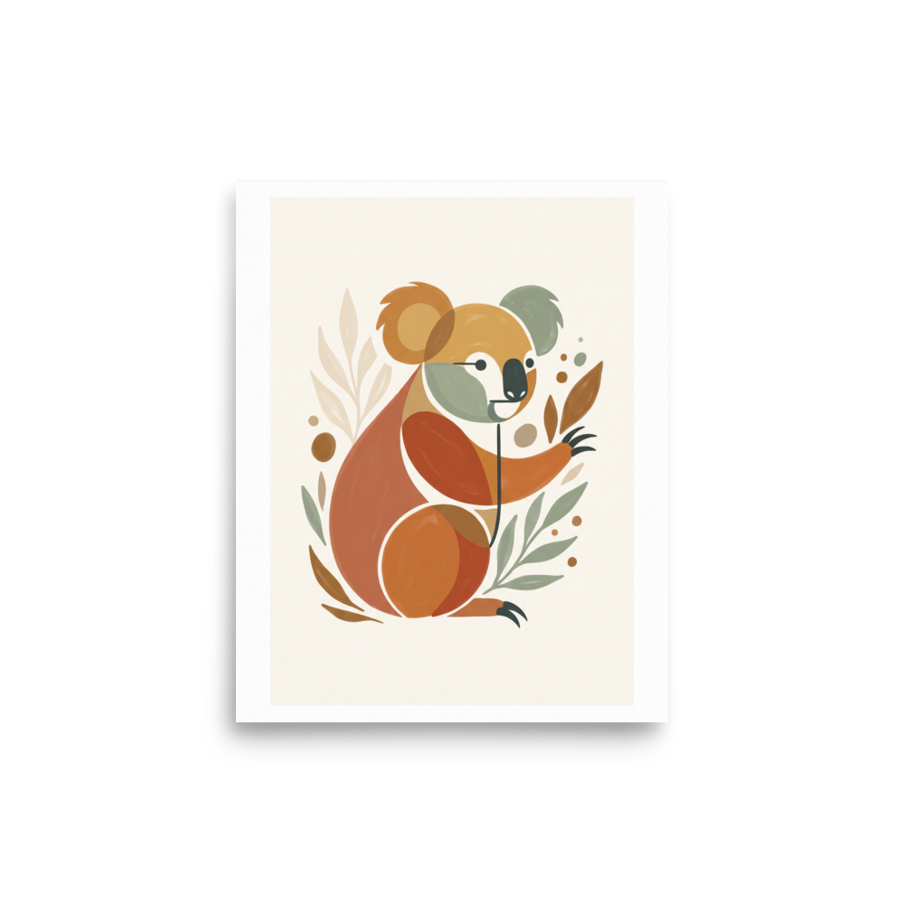 'Geometric Koala Bear' — a Minimalism,Abstract art print. An abstract, geometric illustration of a koala surrounded by leaves in earthy tones of rust, ochre, and sage green, perfect for a Playroom or Nursery.