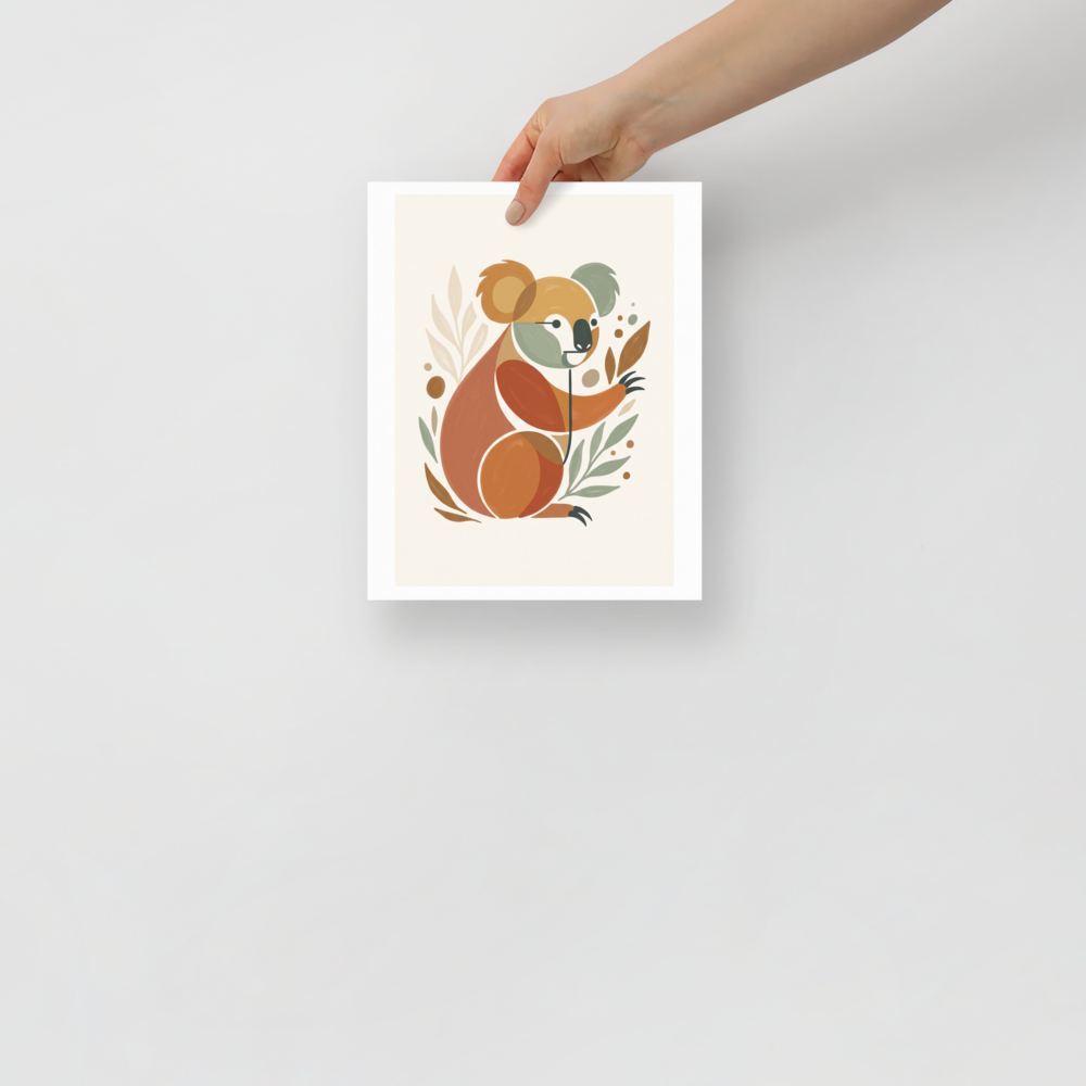'Geometric Koala Bear' — a Minimalism,Abstract art print. An abstract, geometric illustration of a koala surrounded by leaves in earthy tones of rust, ochre, and sage green, perfect for a Playroom or Nursery.