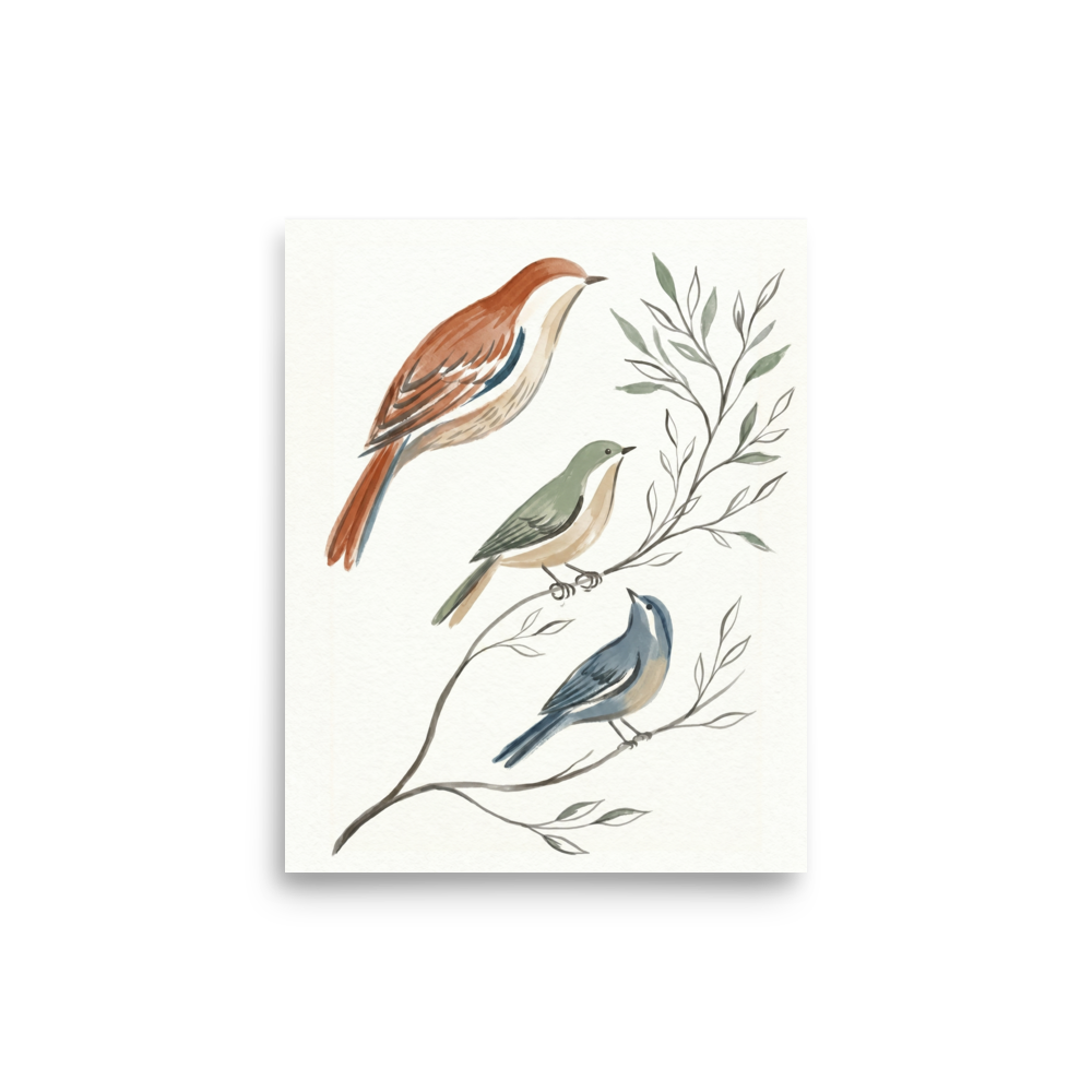 'Spring Aviary Sketch' — a Minimalism print. A minimalist watercolor painting of three birds in rust, sage, and slate blue perched on delicate branches, perfect for a calming Nursery or Bedroom.