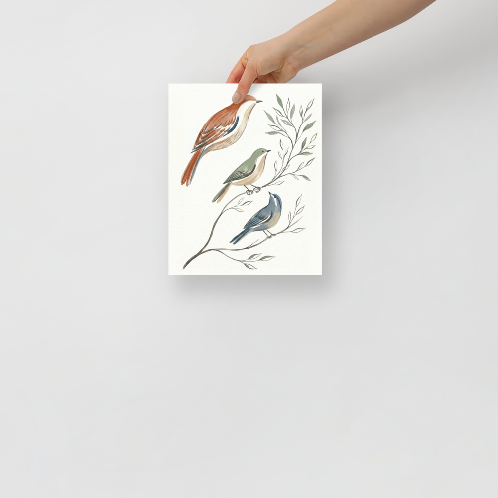 'Spring Aviary Sketch' — a Minimalism print. A minimalist watercolor painting of three birds in rust, sage, and slate blue perched on delicate branches, perfect for a calming Nursery or Bedroom.