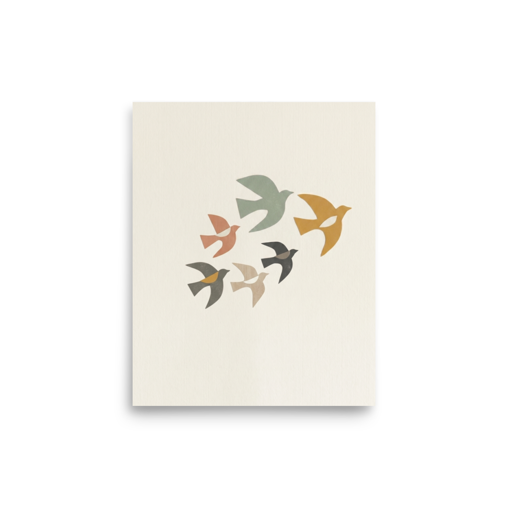 'The Minimalist Flock' — a Minimalism,Abstract art print. An abstract minimalist artwork showing a flock of birds in flight, rendered as geometric cutouts in sage, rust, and gold on a textured cream background, perfect for a Nursery.