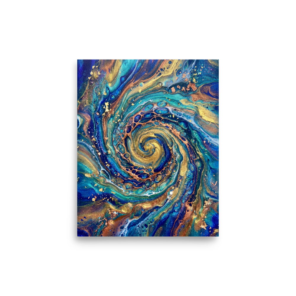 'Golden Vortex' — a Abstract art print. A swirling gold and blue abstract spiral artwork, perfect for a Living Room.