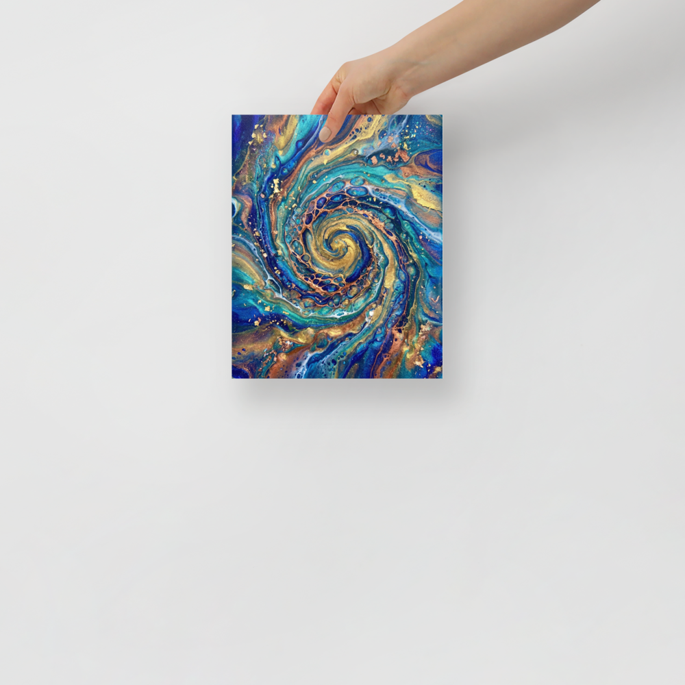 'Golden Vortex' — a Abstract art print. A swirling gold and blue abstract spiral artwork, perfect for a Living Room.