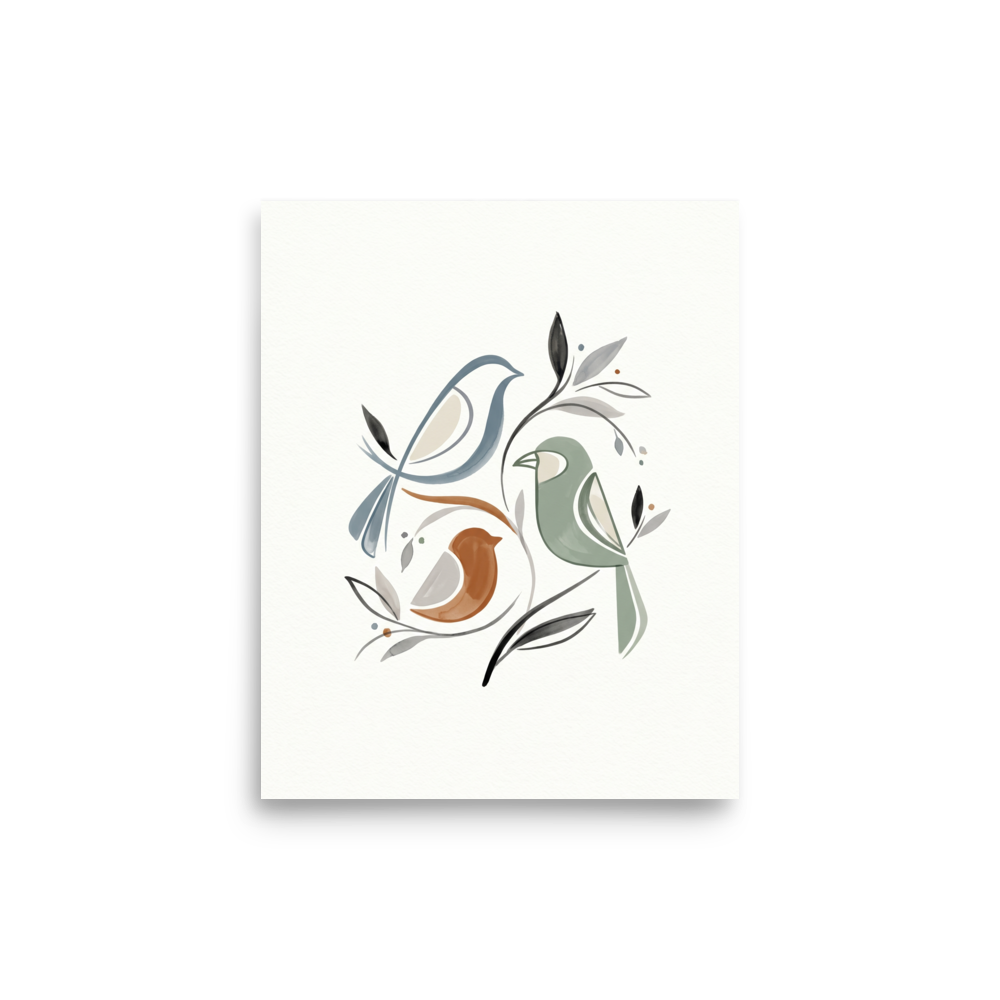'Fluid Avian Harmony' — a Minimalism,Abstract art print. An abstract illustration of three stylized birds and foliage created with continuous fluid lines and watercolor washes in slate blue, rust, and sage, perfect for an elegant Bedroom.
