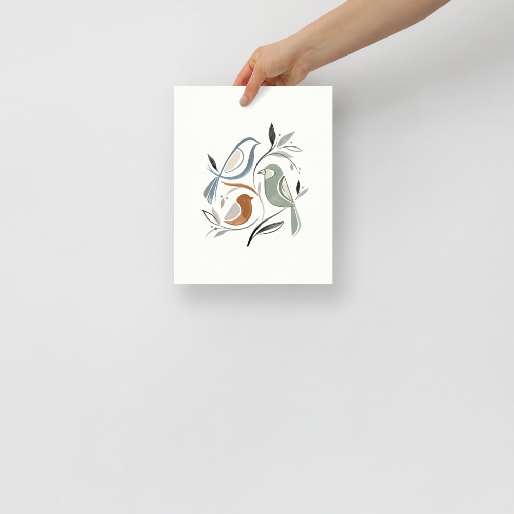 'Fluid Avian Harmony' — a Minimalism,Abstract art print. An abstract illustration of three stylized birds and foliage created with continuous fluid lines and watercolor washes in slate blue, rust, and sage, perfect for an elegant Bedroom.