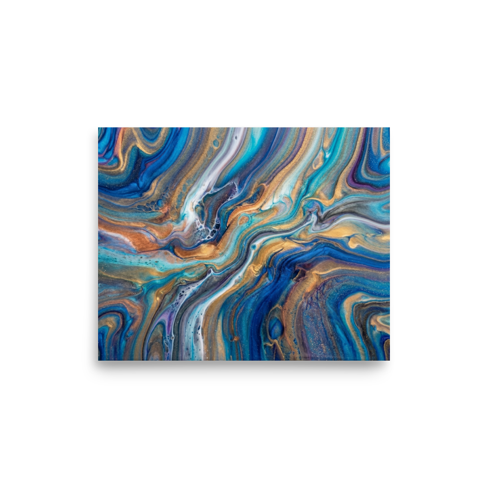 'Sapphire Waves' — a Abstract art print. Elegant blue and gold fluid abstract waves, perfect for a Living Room.