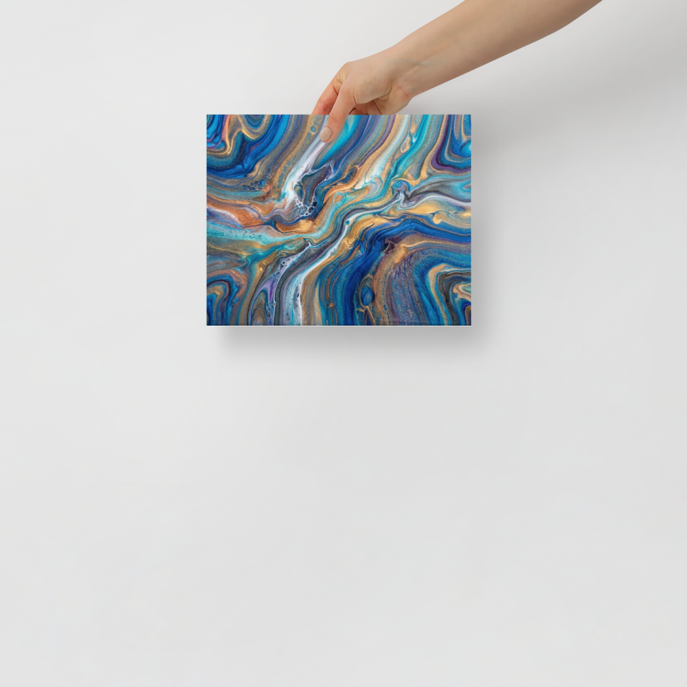 'Sapphire Waves' — a Abstract art print. Elegant blue and gold fluid abstract waves, perfect for a Living Room.