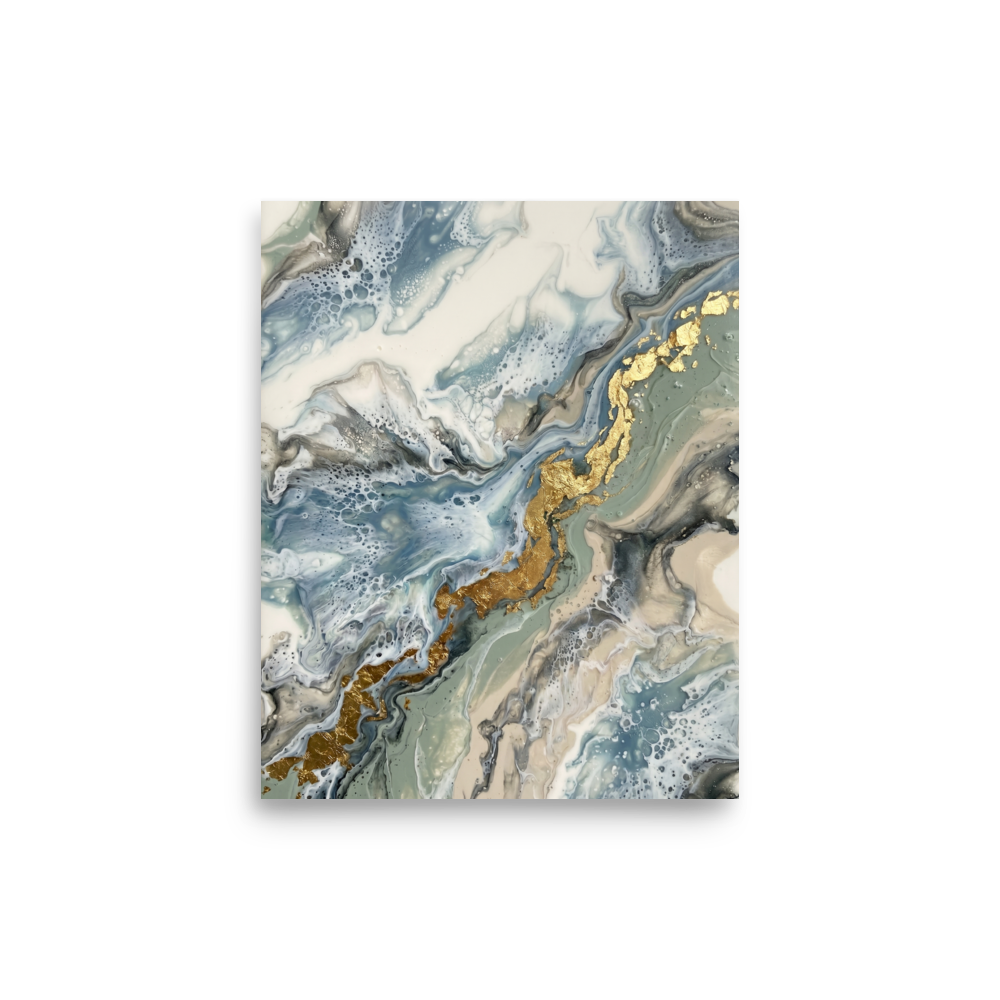 'Golden Fracture' — a Abstract art print. A calming light blue and white abstract artwork with a jagged gold fracture, perfect for a Bathroom.