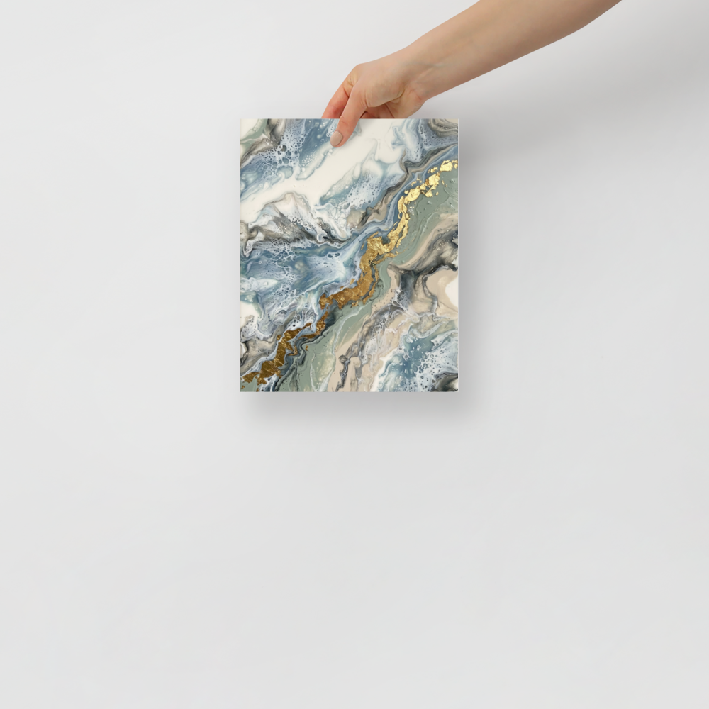'Golden Fracture' — a Abstract art print. A calming light blue and white abstract artwork with a jagged gold fracture, perfect for a Bathroom.