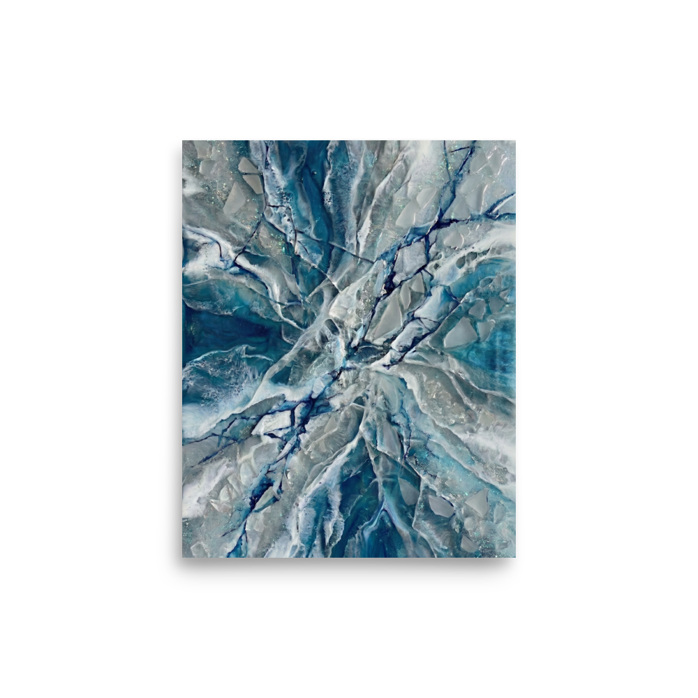 'Shattered Frost' — a Abstract art print. A striking blue and white abstract artwork resembling shattered ice, perfect for a Bathroom.