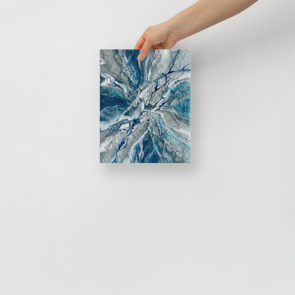 'Shattered Frost' — a Abstract art print. A striking blue and white abstract artwork resembling shattered ice, perfect for a Bathroom.
